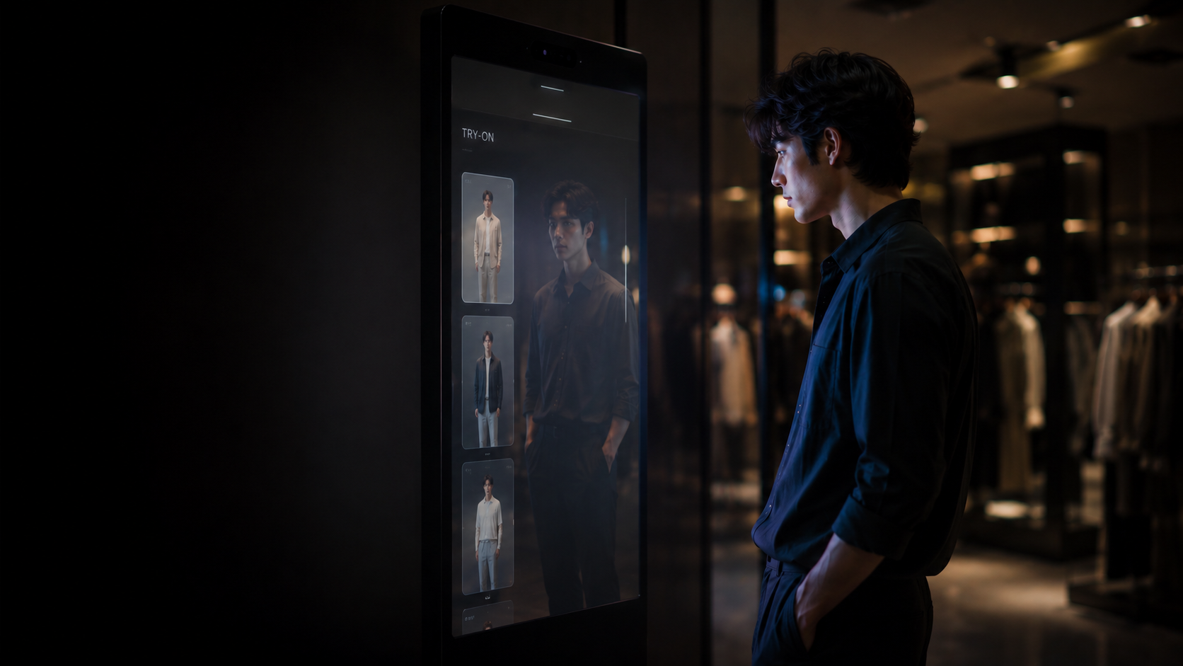 A shopper reviewing try-on results on the kiosk's full-length display